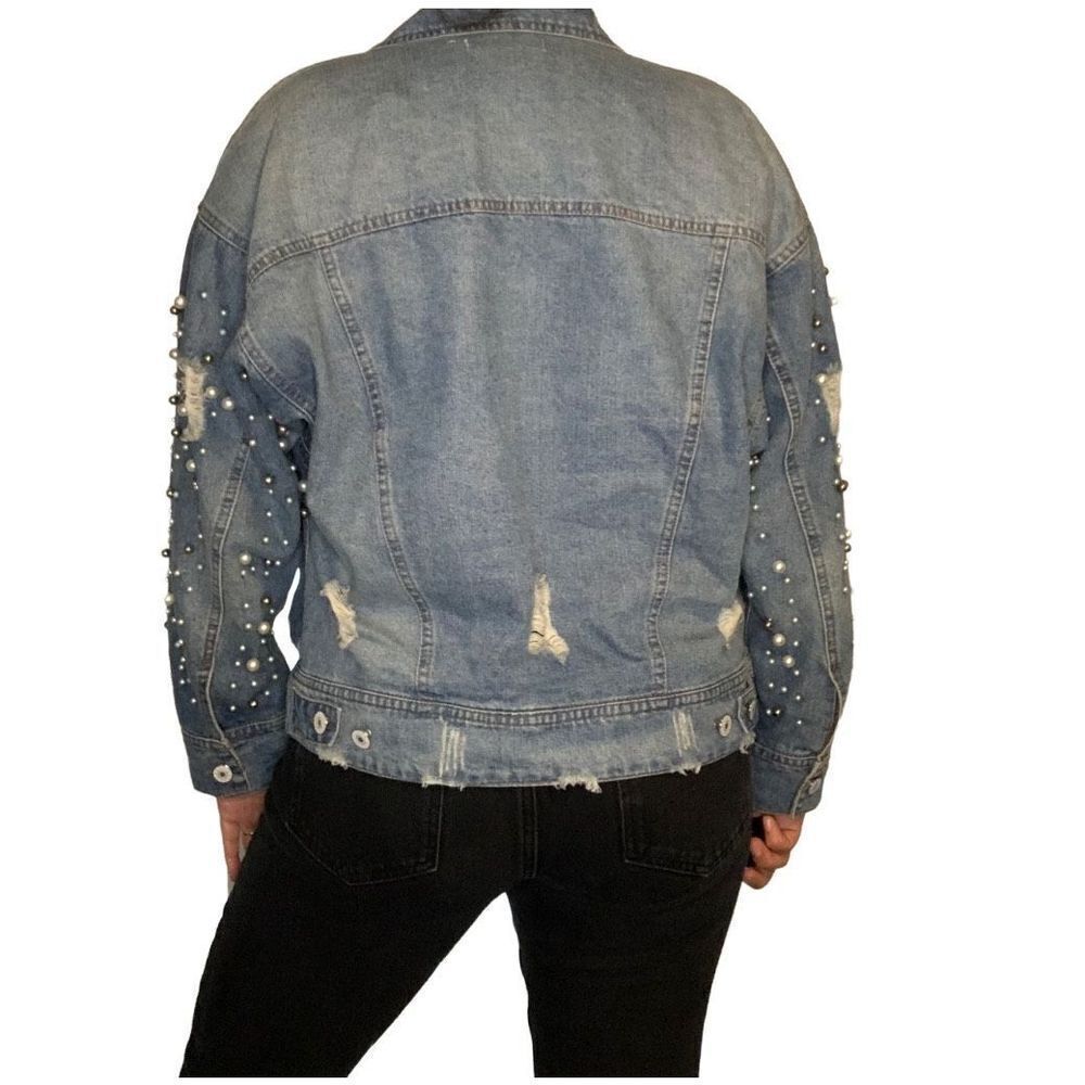 Elan Distressed Blue Denim Jacket with Pearl Embellishments - Picture 5 of 14